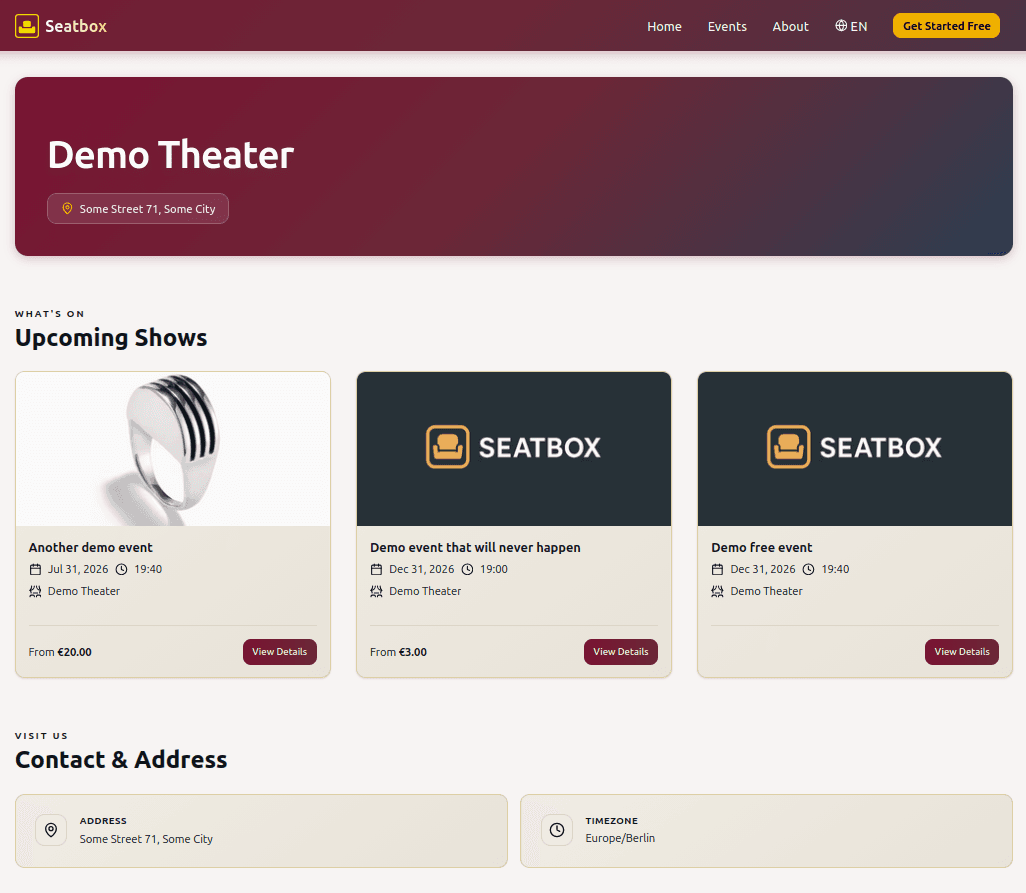 Example venue page on Seatbox